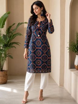 Indibelle - Teal Printed Cotton Straight Fit Kurta