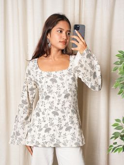 NISHORAMA - Off White Floral Cotton Fitted Fit Kurti