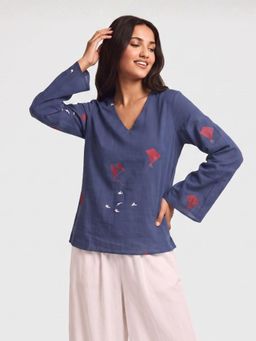 NISHORAMA - Blue Printed Cotton Loose Fit Top