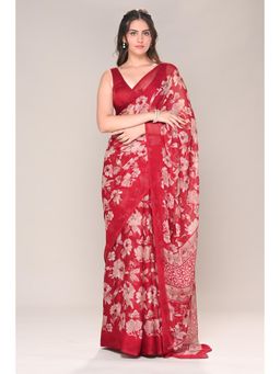 MEENA BAZAAR Since 1970 - Maroon Floral Chiffon Saree with Unstitched Blouse