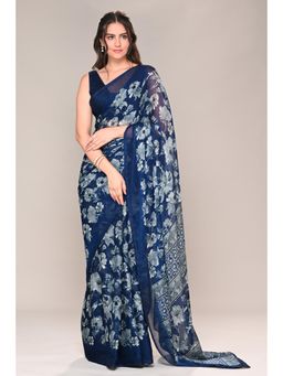 MEENA BAZAAR Since 1970 - Navy Blue Floral Chiffon Saree with Unstitched Blouse