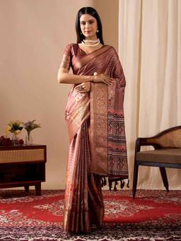 URBAN PALLU - Rust Printed Pure Cotton Saree with Unstitched Blouse