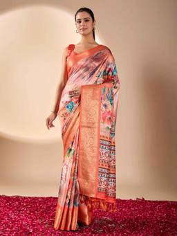 URBAN PALLU - Orange Floral Pure Cotton Saree with Unstitched Blouse