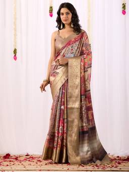 URBAN PALLU - Gold Floral Pure Cotton Saree with Unstitched Blouse