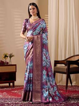 URBAN PALLU - Purple Printed Pure Cotton Saree with Unstitched Blouse