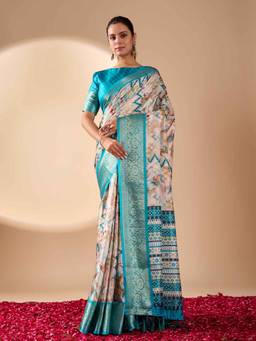 URBAN PALLU - Blue Printed Pure Cotton Saree with Unstitched Blouse