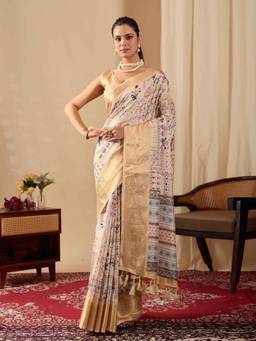 URBAN PALLU - Cream Printed Pure Cotton Saree with Unstitched Blouse