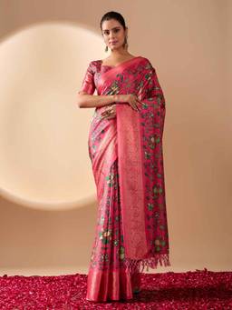URBAN PALLU - Pink Floral Pure Cotton Saree with Unstitched Blouse