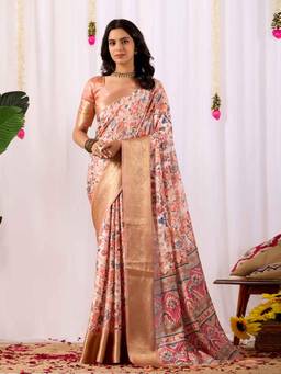 URBAN PALLU - Cream Printed Pure Cotton Saree with Unstitched Blouse