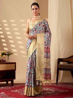 URBAN PALLU - Cream Printed Pure Cotton Saree with Unstitched Blouse