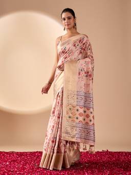 URBAN PALLU - Cream Floral Pure Cotton Saree with Unstitched Blouse