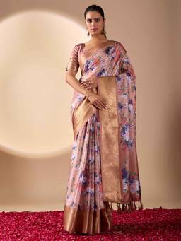 URBAN PALLU - Pink Floral Pure Cotton Saree with Unstitched Blouse
