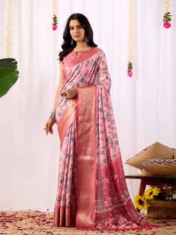 URBAN PALLU - Pink Printed Pure Cotton Saree with Unstitched Blouse