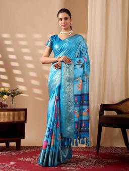 URBAN PALLU - Blue Printed Pure Cotton Saree with Unstitched Blouse