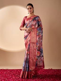 URBAN PALLU - Red Floral Pure Cotton Saree with Unstitched Blouse