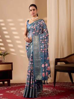 URBAN PALLU - Blue Printed Pure Cotton Saree with Unstitched Blouse