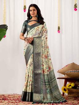 URBAN PALLU - Grey Printed Pure Cotton Saree with Unstitched Blouse