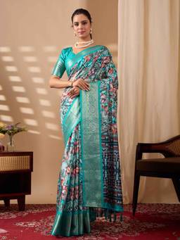 URBAN PALLU - Blue Printed Pure Cotton Saree with Unstitched Blouse
