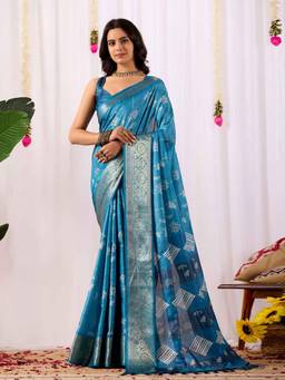 URBAN PALLU - Blue Printed Pure Cotton Saree with Unstitched Blouse