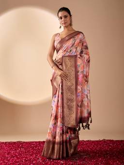URBAN PALLU - Brown Floral Pure Cotton Saree with Unstitched Blouse