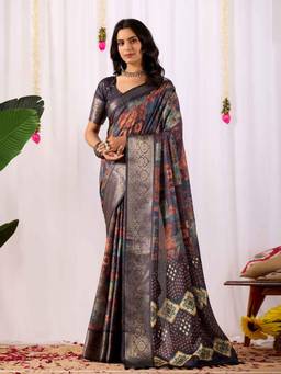 URBAN PALLU - Multi-Color Printed Pure Cotton Saree with Unstitched Blouse