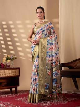 URBAN PALLU - Green Printed Pure Cotton Saree with Unstitched Blouse