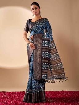 URBAN PALLU - Blue Printed Pure Cotton Saree with Unstitched Blouse