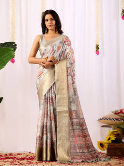 URBAN PALLU - Grey Printed Pure Cotton Saree with Unstitched Blouse