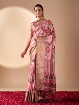 URBAN PALLU - Pink Floral Pure Cotton Saree with Unstitched Blouse