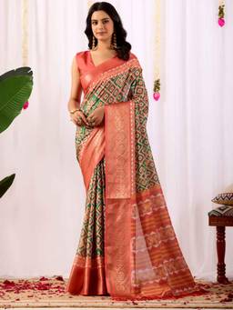 URBAN PALLU - Orange Printed Pure Cotton Saree with Unstitched Blouse