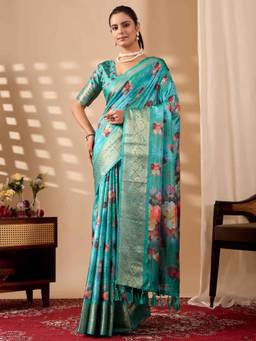 URBAN PALLU - Blue Printed Pure Cotton Saree with Unstitched Blouse
