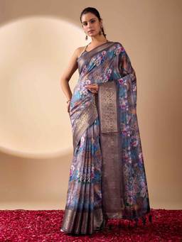 URBAN PALLU - Purple Floral Pure Cotton Saree with Unstitched Blouse