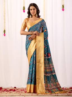 URBAN PALLU - Blue Printed Pure Cotton Saree with Unstitched Blouse
