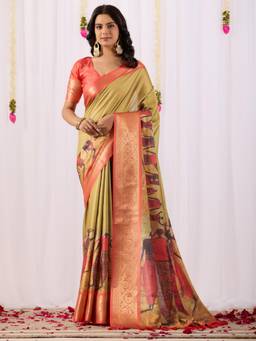 URBAN PALLU - Orange Printed Pure Cotton Saree with Unstitched Blouse