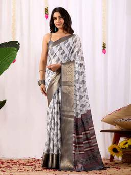 URBAN PALLU - White Printed Pure Cotton Saree with Unstitched Blouse