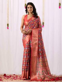 URBAN PALLU - Red Printed Pure Cotton Saree with Unstitched Blouse