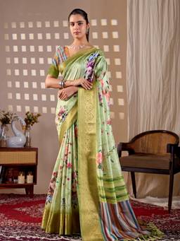 URBAN PALLU - Green Floral Silk Saree with Unstitched Blouse