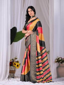 URBAN PALLU - Black Printed Silk Saree with Unstitched Blouse