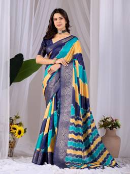 URBAN PALLU - Blue Printed Silk Saree with Unstitched Blouse