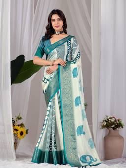 URBAN PALLU - Green Printed Silk Saree with Unstitched Blouse