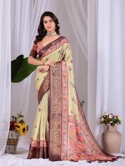 URBAN PALLU - Beige Printed Silk Saree with Unstitched Blouse