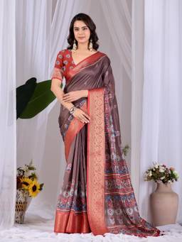 URBAN PALLU - Brown Printed Silk Saree with Unstitched Blouse