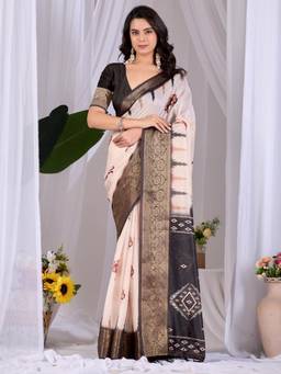 URBAN PALLU - Off White Printed Silk Saree with Unstitched Blouse