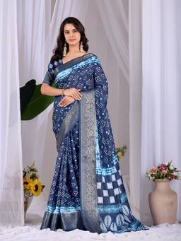 URBAN PALLU - Blue Printed Silk Saree with Unstitched Blouse