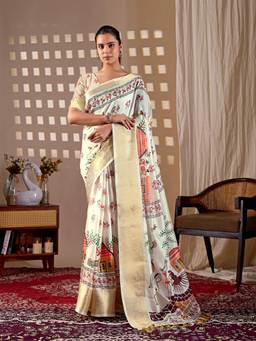 URBAN PALLU - Off White Printed Silk Saree with Unstitched Blouse