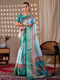 URBAN PALLU - Blue Printed Silk Saree with Unstitched Blouse