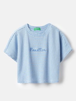 United Colors of Benetton - Cropped Fit Round Neck Striper Crinkle Top