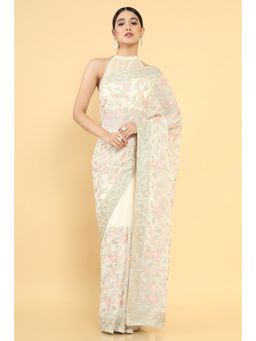 Soch - Women White Georgette Embroidery Saree with Unstitched Blouse