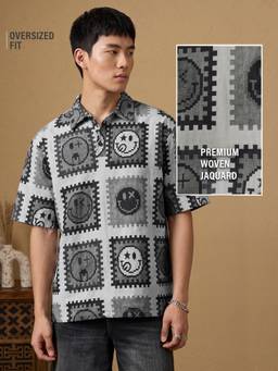 The Souled Store - Official Woven Polo: S. W. Smiley Every Mood Men Grey Oversized Polo T-Shirt