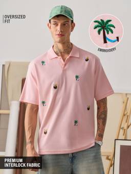 The Souled Store - Oversized Polo: State Of Mind Men Pink Embroidered Oversized Polos